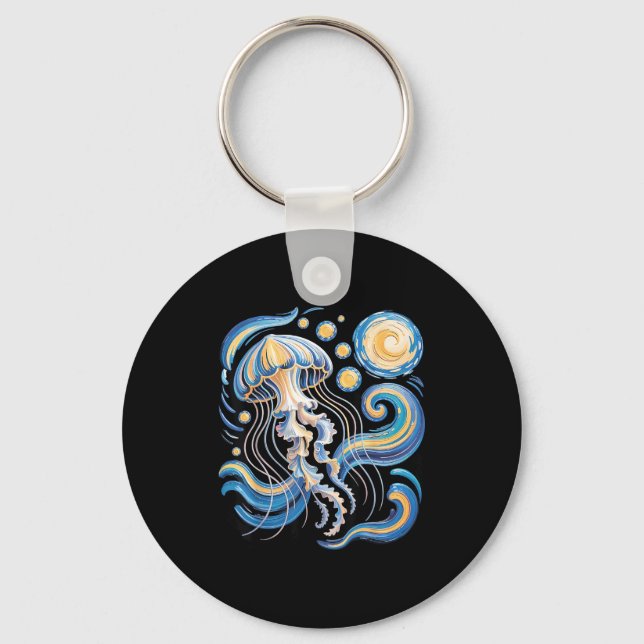 Starry night van gogh jellyfish scuba diving surf keychain (Front)