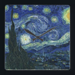 Starry Night Vincent van Gogh Fine Art Painting Square Wall Clock<br><div class="desc">Vincent van Gogh (Dutch, 1853 - 1890) Starry Night, 1889, Oil on canvas Unframed: 73 × 92 cm (28.7 × 36.2 in) This painting depicts the view from the east facing window of Van Gogh's asylum room at Saint-Rémy-de-Provence, he added an idealized village. It has been in the permanent collection...</div>