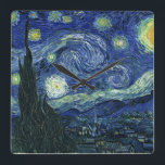 Starry Night Vincent van Gogh Fine Art Painting Square Wall Clock<br><div class="desc">Vincent van Gogh (Dutch, 1853 - 1890) Starry Night, 1889, Oil on canvas Unframed: 73 × 92 cm (28.7 × 36.2 in) This painting depicts the view from the east facing window of Van Gogh's asylum room at Saint-Rémy-de-Provence, he added an idealized village. It has been in the permanent collection...</div>
