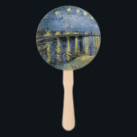 Starry Night Vincent van Gogh Hand Fan<br><div class="desc">Thatched Cottages at Cordeville. Vincent Willem van Gogh. Night landscape in dark blue and yellow tones. There is a bridge across the river. In the foreground, a man and a woman are walking along the embankment. The stars are shining in the sky. Reproduction of famous works of art images in...</div>
