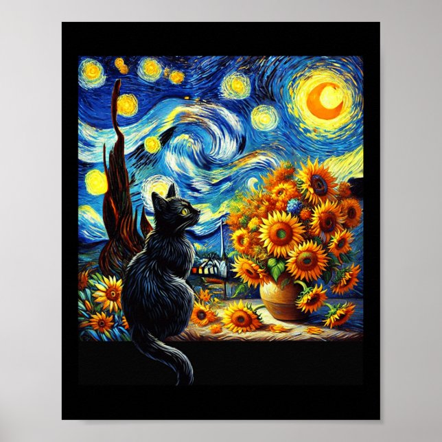 Starry Night Vincent Van Gogh Sunflowers Cat Lover Poster (Front)