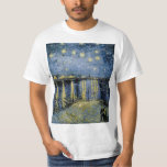 Starry Night  Vincent  van Gogh     T-Shirt<br><div class="desc">Thatched Cottages at Cordeville. Vincent Willem van Gogh. Night landscape in dark blue and yellow tones. There is a bridge across the river. In the foreground, a man and a woman are walking along the embankment. The stars are shining in the sky. Reproduction of famous works of art images in...</div>
