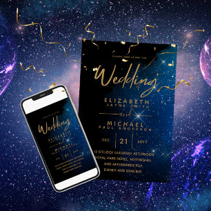 Starry Night Wedding Navy Gold Galaxy Celestial Invitation
