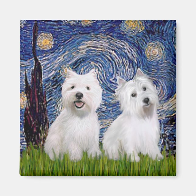 Starry Night - Westies (two) Magnet (Front)