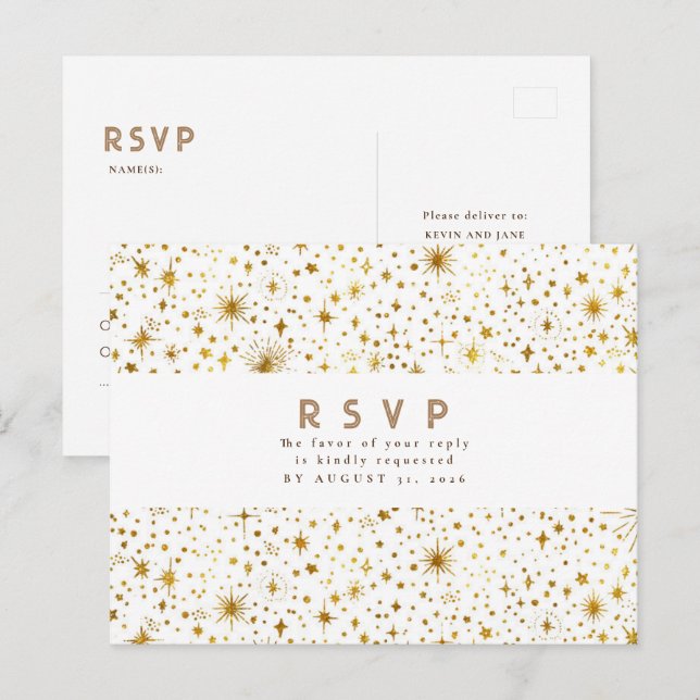 Starry Night White and Gold Wedding RSVP Postcard (Front/Back)