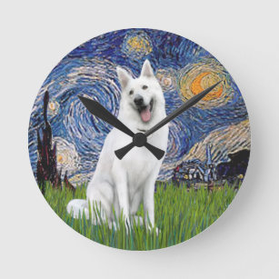 Starry Night - White German Shepherd Round Clock