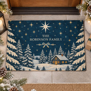 Starry Night Winter Cabin Custom Surname Doormat