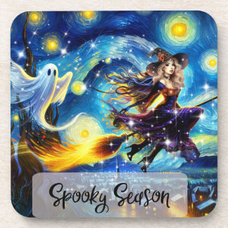 Starry Night Witchy Halloween Design Coaster