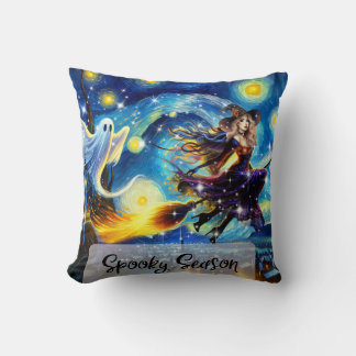 Starry Night Witchy Halloween Design Throw Pillow