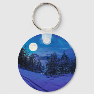 Starry night with full moon in forest keychain