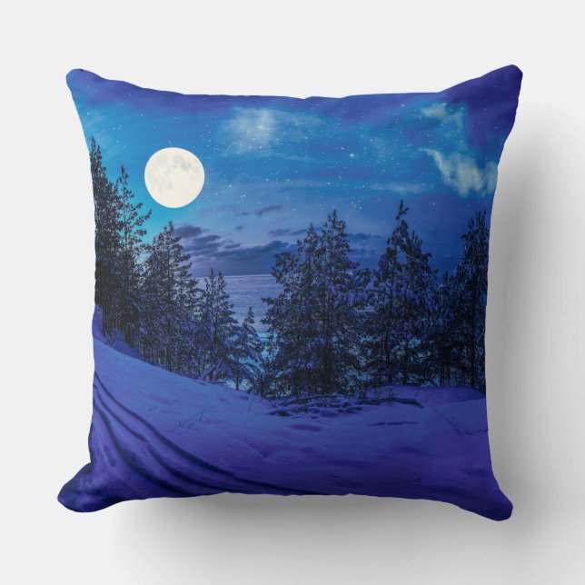 Starry night with full moon in forest throw pillow (Front)
