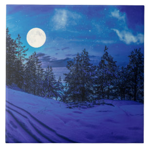 Starry night with full moon in forest tile