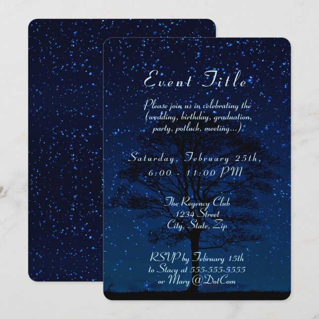 Starry Night with Tree Dark Blue Invitation (Front/Back)