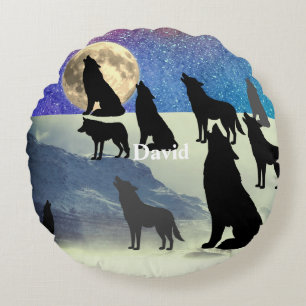 Starry Night Wolfpack Round Pillow
