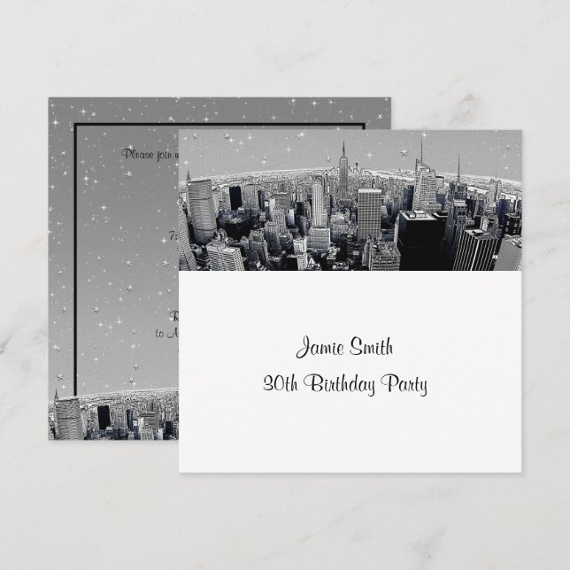 Starry NYC Etched Fisheye Grey Skyline Birthday SQ Invitation (Front/Back)
