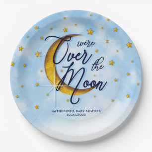 Starry Over The Moon Blue Gold Baby Shower Paper Plate