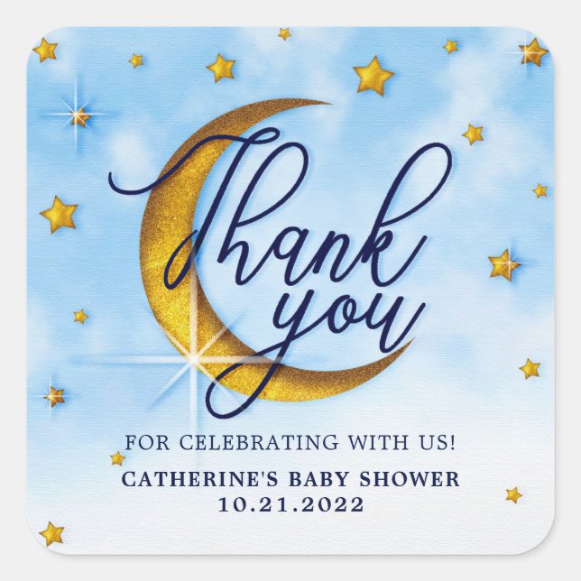 Starry Over The Moon Blue Gold Baby Shower  Square Sticker (Front)