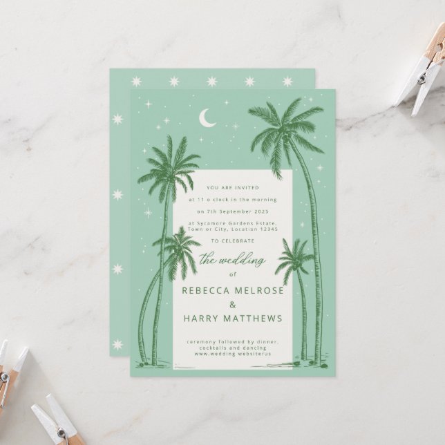 Starry Palm Trees Green boho wedding invitation  (Front/Back In Situ)
