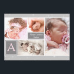 Starry Photo Collage Birth Announcement<br><div class="desc">A charming birth announcement with room for four photos and two blocks for an initial and name. It's trimmed in light grey with white stars in front and back and features a panel for all the particulars in the back. The card is easy to customize with your wording, font, font...</div>