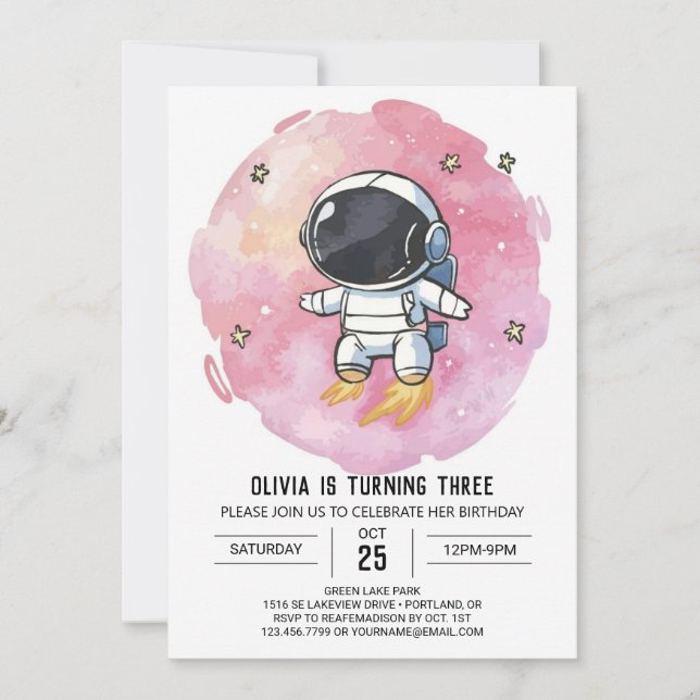 Starry Pink Explorer Astronaut Birthday Invitation (Front)