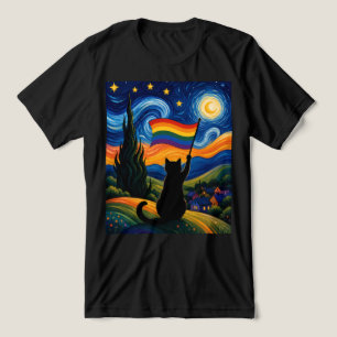 Starry Pride Night Cat Van Gogh Style Rainbow  Tri-Blend Shirt
