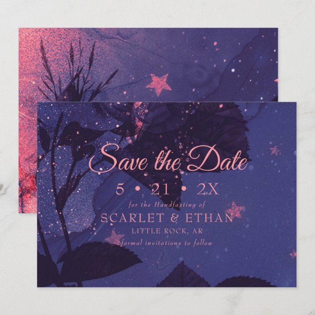 Starry Purple Night Alternative Gothic Floral Save The Date (Front/Back)