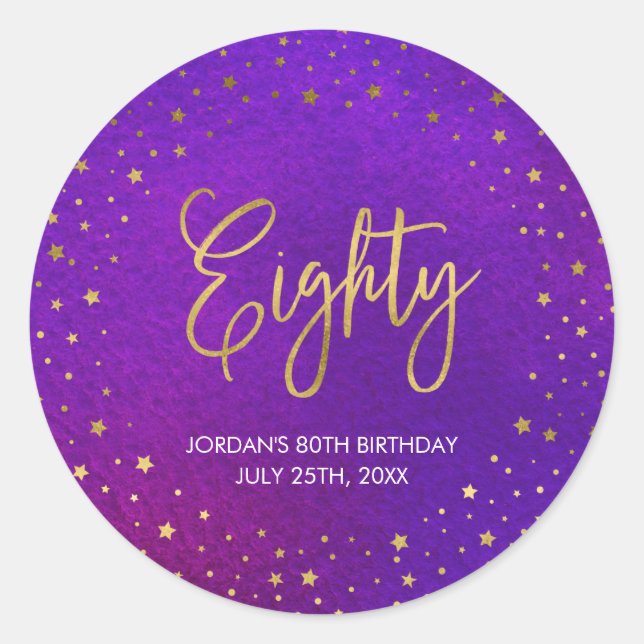 Starry Purple Watercolor 80th Birthday Classic Round Sticker (Front)