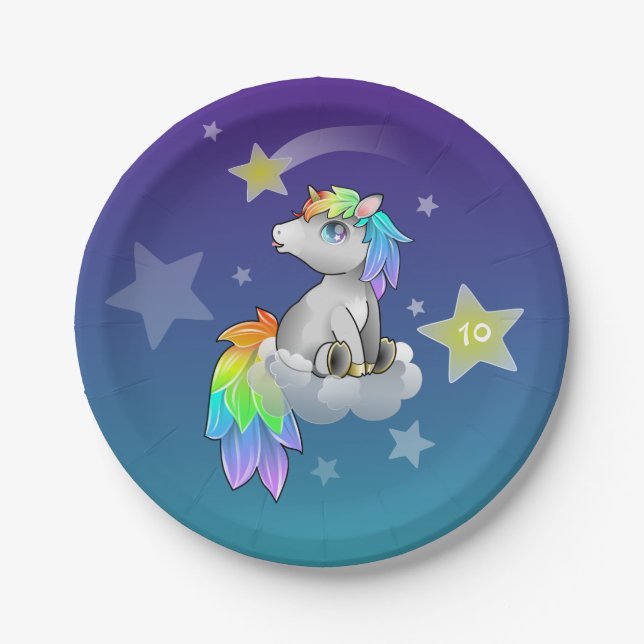 Starry Rainbow Unicorn Customizable Party Plates (Front)