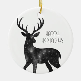 Starry Reindeer Silhouette Happy Holidays Ceramic Ornament