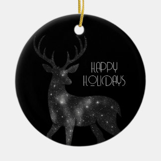 Starry Reindeer Silhouette on Black Happy Holidays Ceramic Ornament