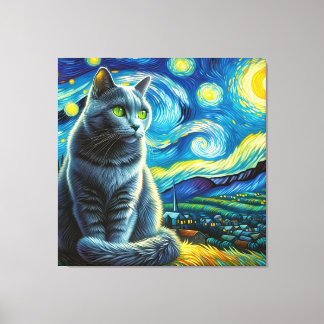 Starry Russian Blue Cat Portrait - Pet Portrait Canvas Print