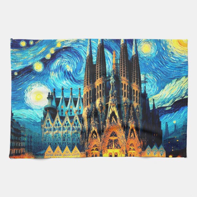 Starry Sagrada Familia Barcelona Kitchen Towel (Horizontal)