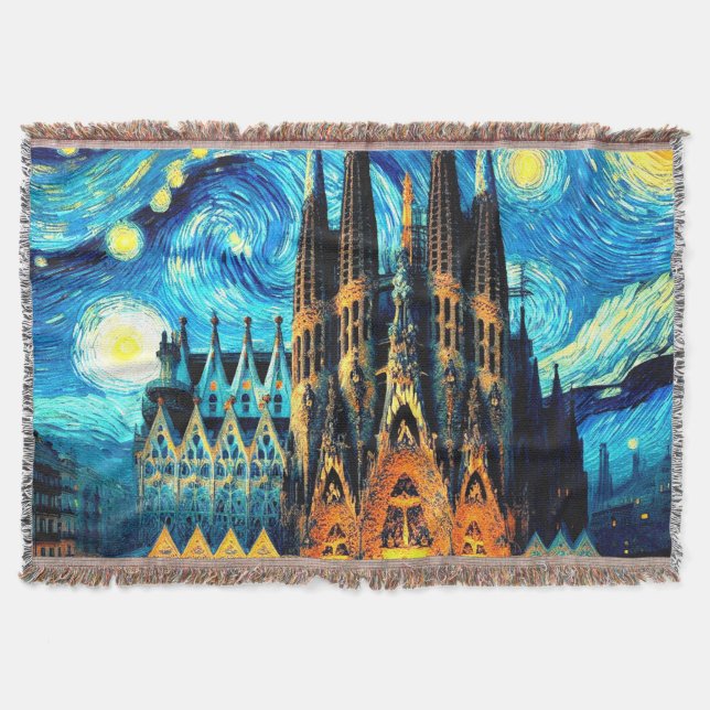 Starry Sagrada Familia Barcelona Throw Blanket (Front)