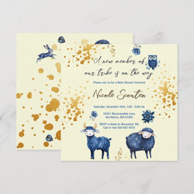 Starry Sheep and Forest Friends Baby Shower Gold Save The Date (Front/Back)