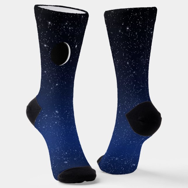 Starry Sky and Crescent Moon, Deep Blue Socks (Angled)