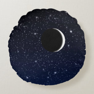 Starry Sky and Crescent Moon, Midnight Blue Round Pillow