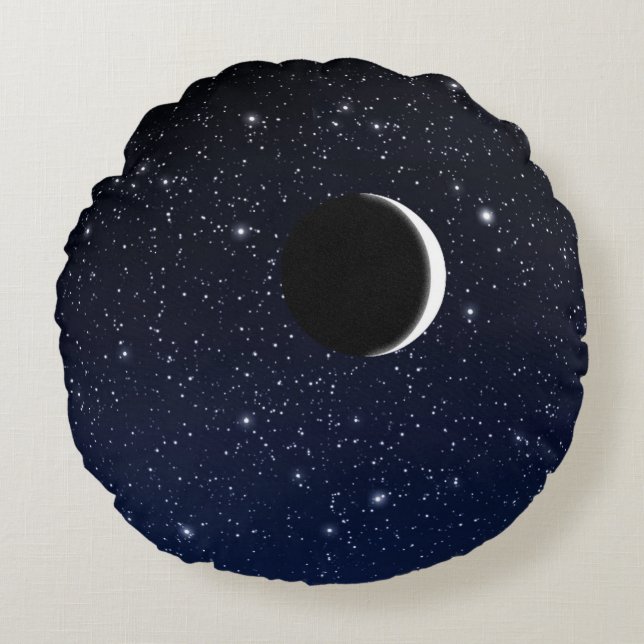 Starry Sky and Crescent Moon, Midnight Blue Round Pillow (Front)