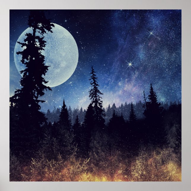 Starry Sky and Moon above a Forest Poster (Front)
