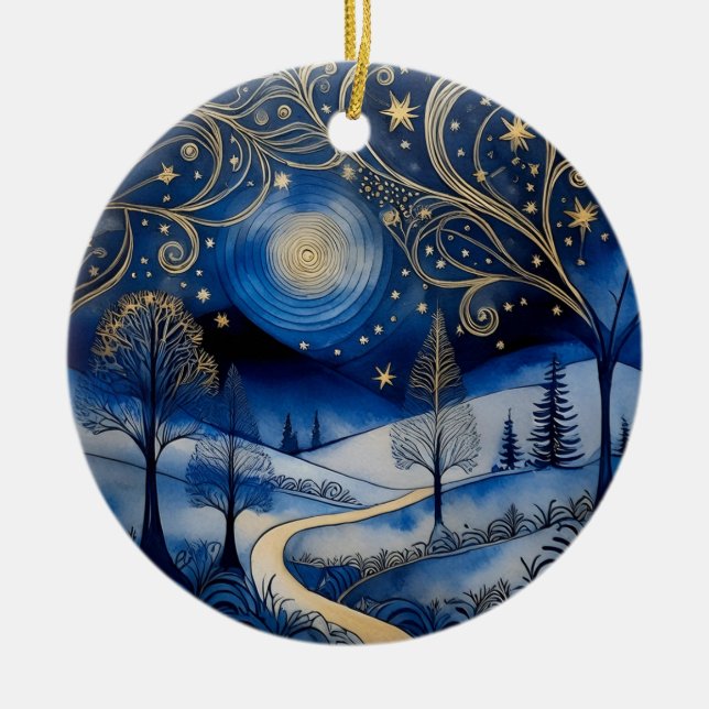 Starry Snowy Night Personalized Ornament (Front)