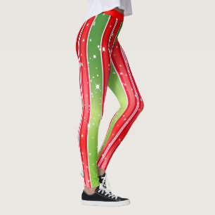 Starry Snowy Red Green White with Vertical Stripes Leggings