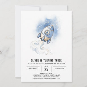 Starry Space Rocket Birthday Invitation