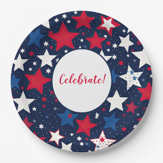 Starry Splendour: 9" Red, White & Blue Paper Plate (Front)