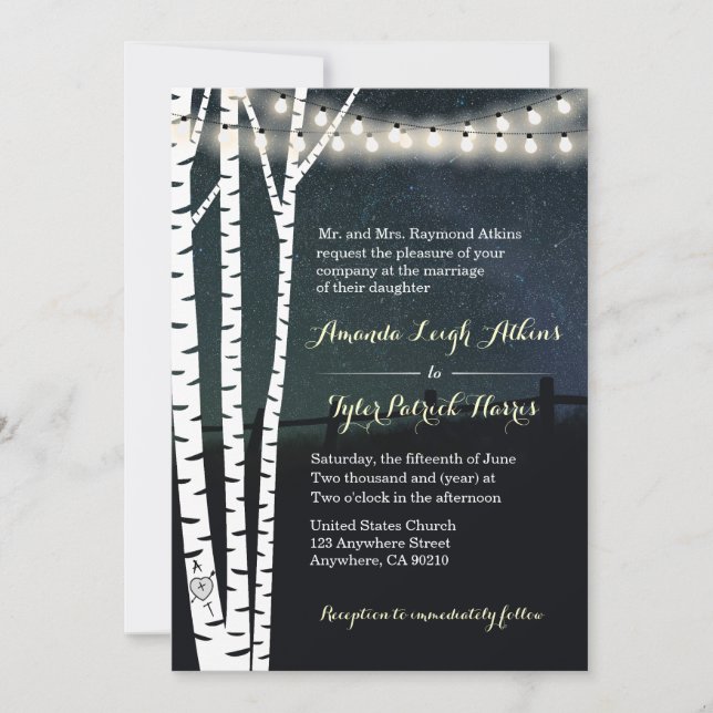 Starry String Light Birch Tree Wedding Invitations (Front)