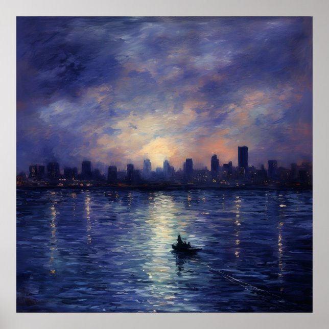 Starry Urban Landscape: Impressionist Night Art Poster (Front)