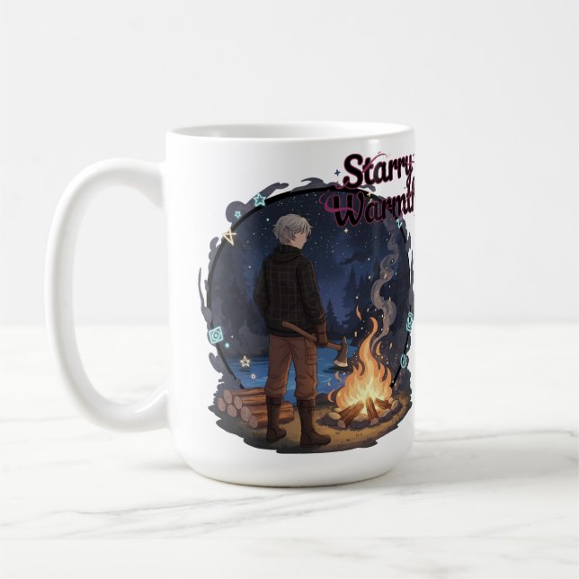 Starry Warmth - Lumberjack Anime Boy by Campfire Coffee Mug (Left)