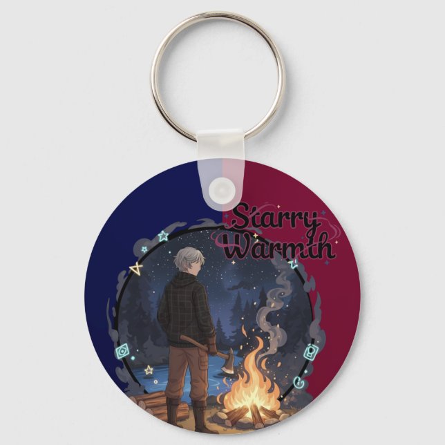 Starry Warmth - Lumberjack Anime Boy by Campfire Keychain (Front)