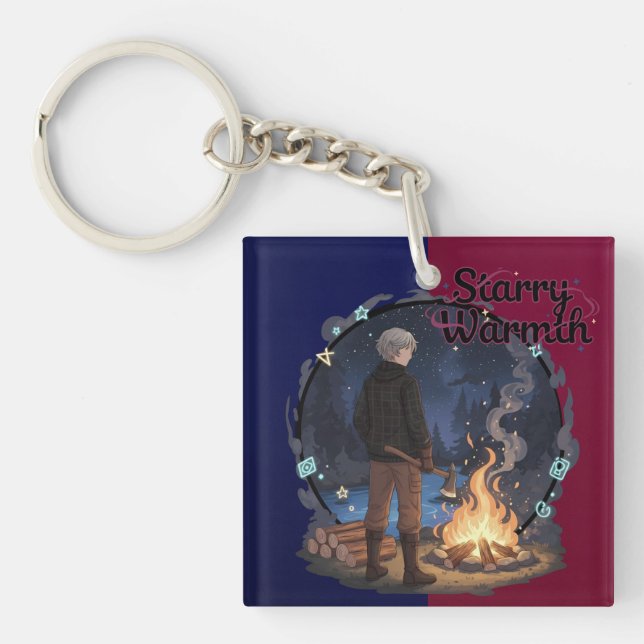 Starry Warmth - Lumberjack Anime Boy by Campfire Keychain (Front)