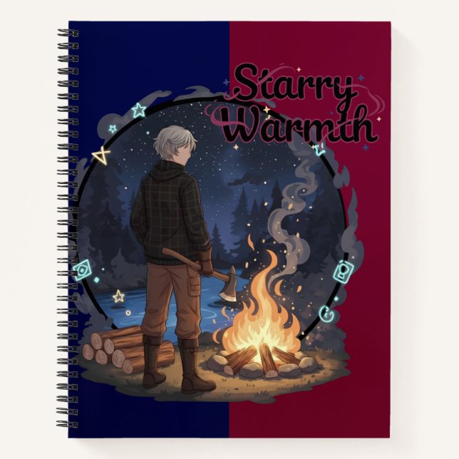 Starry Warmth - Lumberjack Anime Boy by Campfire Notebook (Front)