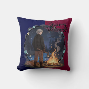 Starry Warmth - Lumberjack Anime Boy by Campfire Throw Pillow