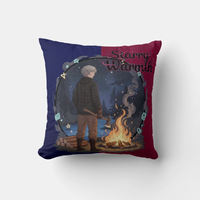 Starry Warmth - Lumberjack Anime Boy by Campfire Throw Pillow (Front)